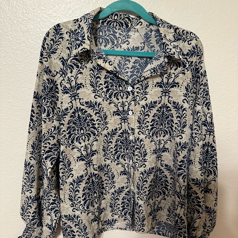 Elegant Navy and Cream Patterned Women's Top